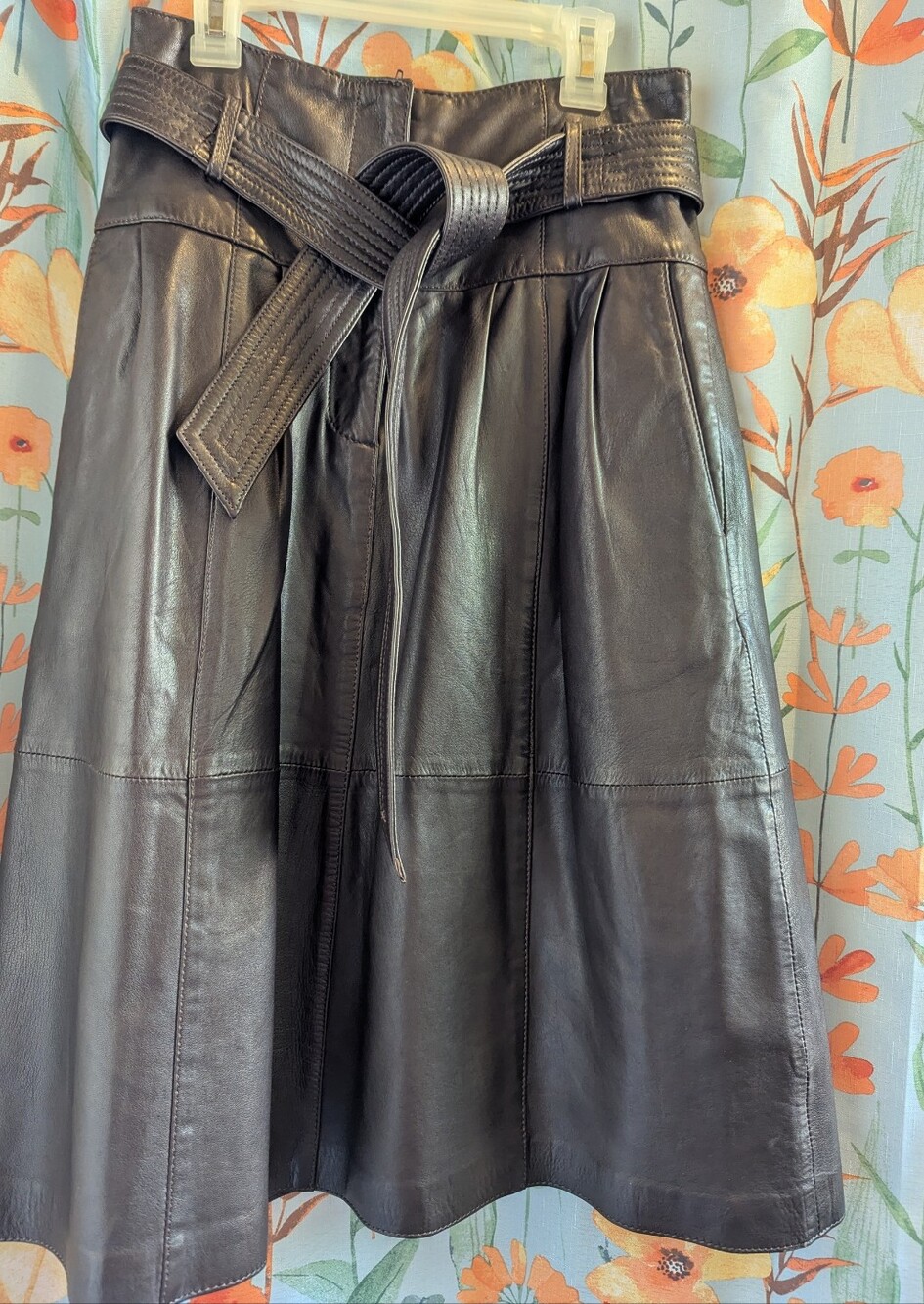 Massimo Dutti Dark Brown Midi Skirt X-small 100% Real Leather